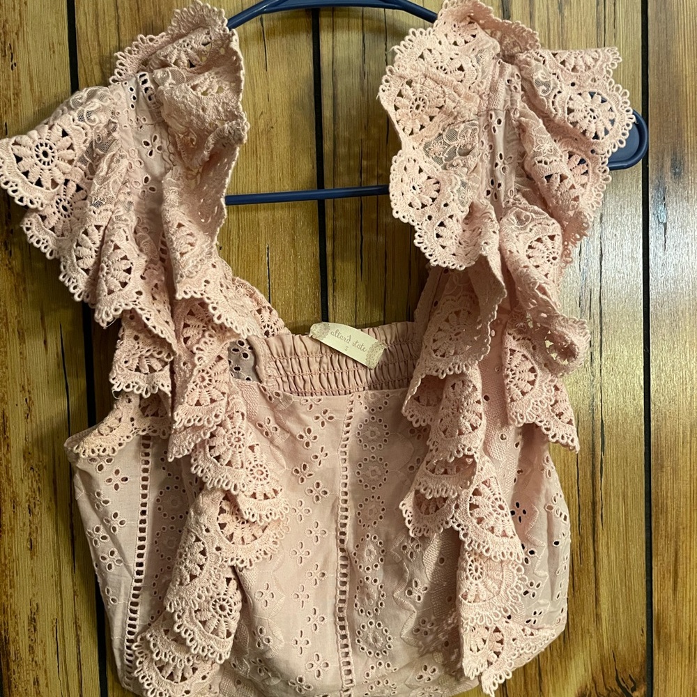Altar'd State Eyelet Ruffle Spring Cottagecore Crop Top in Blush